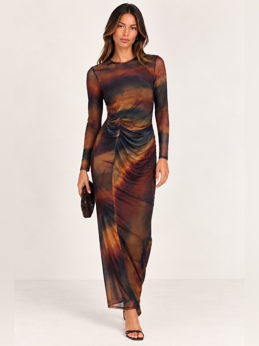Zara Multi-Color Ruched Long-Sleeve Maxi Dress